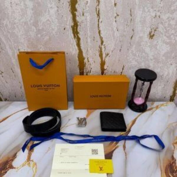 Louis_Vuitton Premium Quality Embossed Belt Wallet Combo With Box And Dust Bag Including Carry Bag (L63-Black)