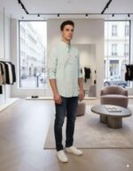 Ami Paris Acqua Green Stripes Embroidery Logo Premium Shirt (1847)