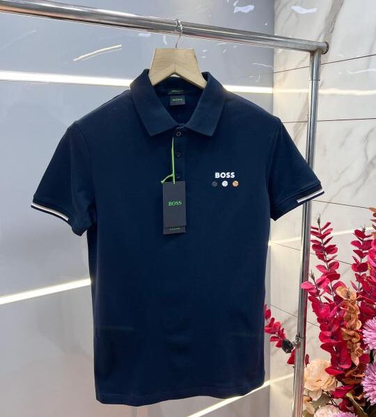 Hugo Bos s Navy Premium 240 gsm interlock compact cotton fabric Polo Tshirt with Collar Design and Emboss Logo 3365