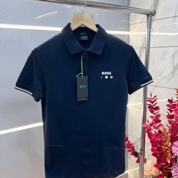 Hugo Bos s Navy Premium 240 gsm interlock compact cotton fabric Polo Tshirt with Collar Design and Emboss Logo 3365