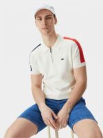 Lacost e White Premium Cotton Lycra Pique fabric Polo Tshirt with Shoulder Design and Embroidered Logo Zip Style 3388