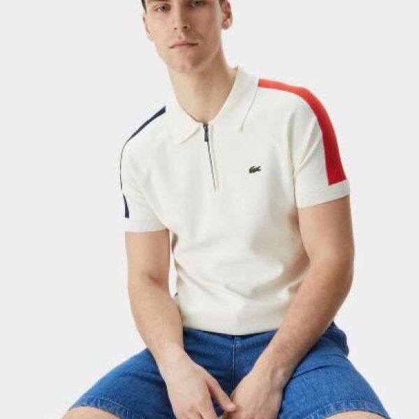 Lacost e White Premium Cotton Lycra Pique fabric Polo Tshirt with Shoulder Design and Embroidered Logo Zip Style 3388
