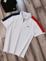 Lacost e White Premium Cotton Lycra Pique fabric Polo Tshirt with Shoulder Design and Embroidered Logo Zip Style 3388 - Image 11
