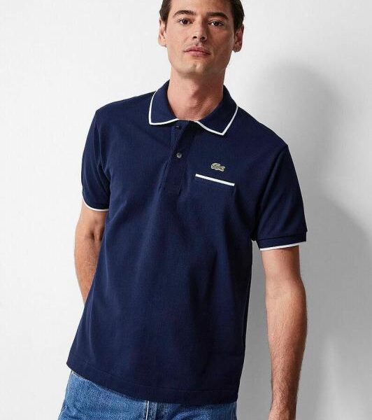 Lacost e Navy Premium Cotton Lycra Pique fabric Polo Tshirt with Collar Design and Embroidered Logo Pocket Style 3386